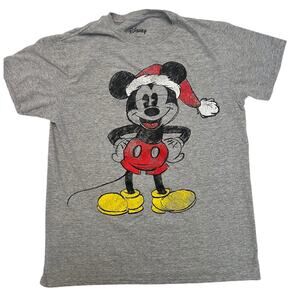 Disney Mickey Mouse Holiday Christmas Santa Hat Graphic T-Shirt, Gray, Size M